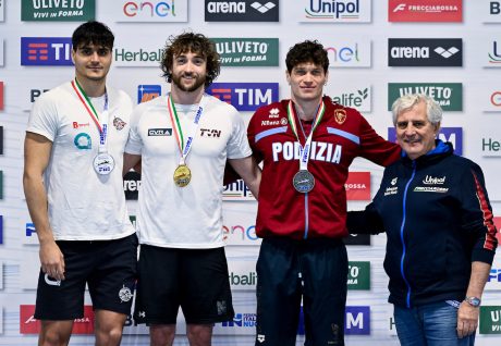 Federico Burdisso of Italy, gold, Lorenzo Gargani of Italy, silver, Gianmarco Sansone of Italy, bronze shows the medals after competing in the Men's 100m Butterfly during the 2° Meeting Bper Città di Livorno at Centro Federale di Livorno, piscina Simone Camalich in Livorno (Italy), 20 March, 2026.